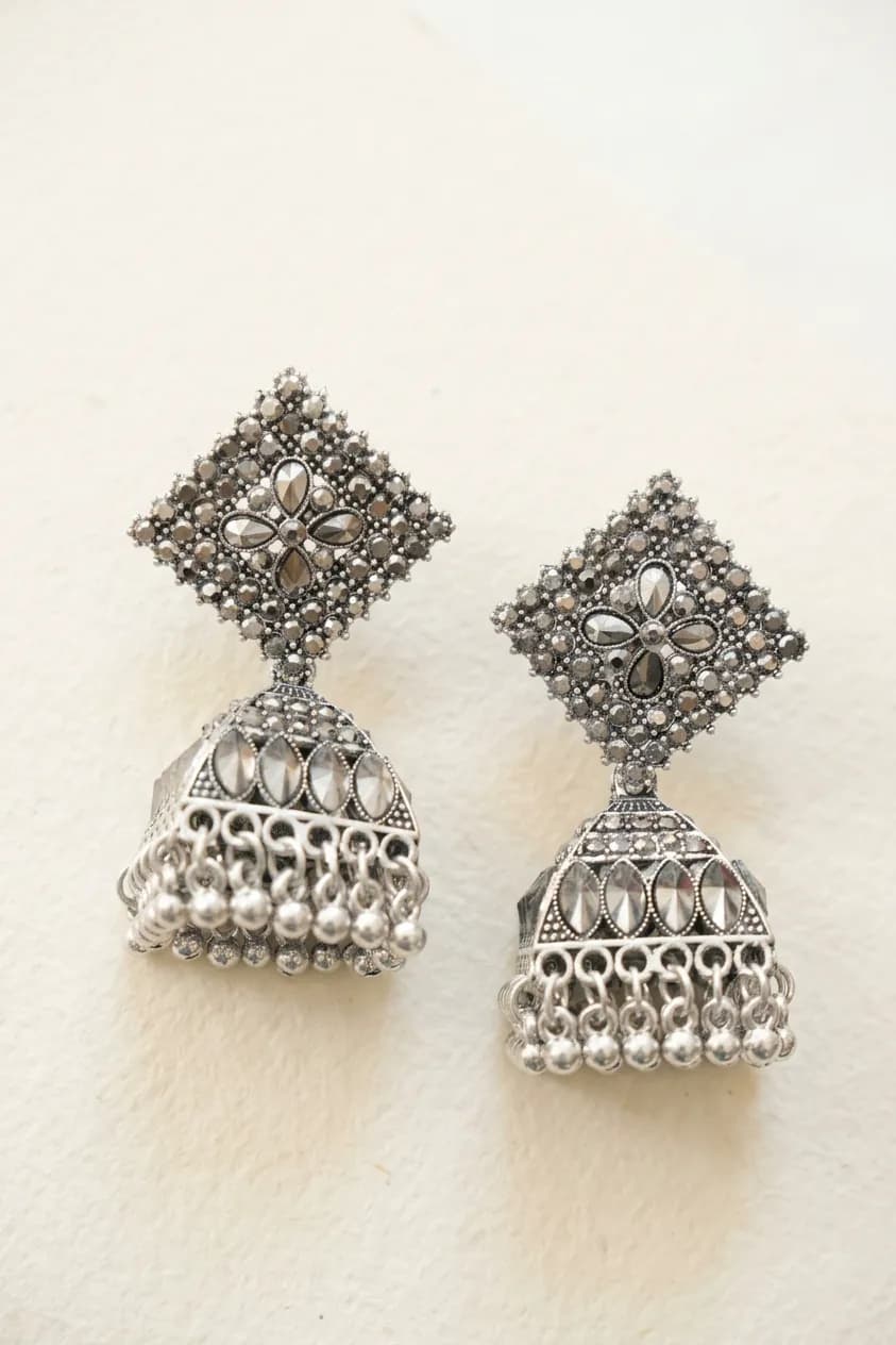 Silver Sparkle Diamond‑Cut Jhumka Earrings